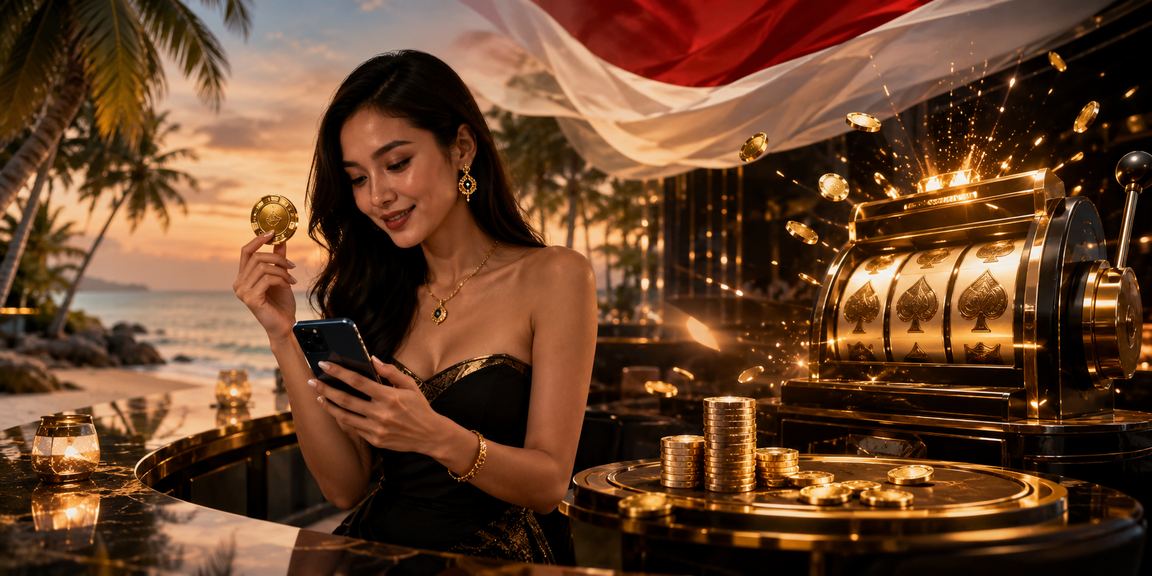 Tampilan permainan slot dengan latar belakang pantai cerah Indonesia